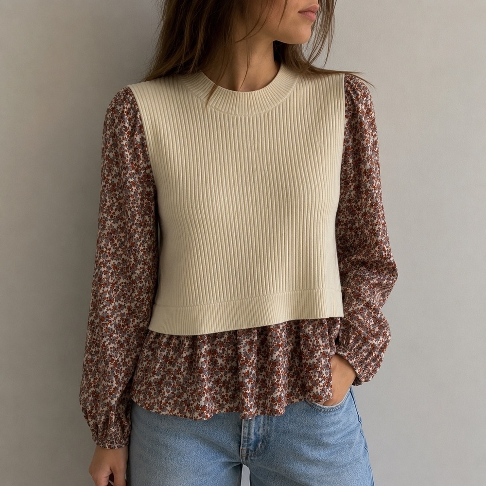 THML Cream Mixed Media Sweater Top Floral Puff Sleeve Size M Cottagecore Boho